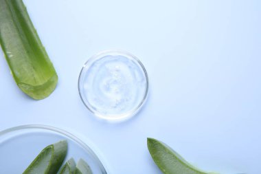 Aloe Vera yaprakları ve açık mavi arka planda kozmetik jel, üst manzara. Metin için boşluk