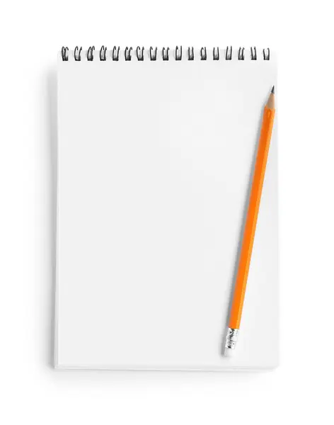 Cuaderno Lápiz Aislados Blanco Vista Superior — Foto de Stock