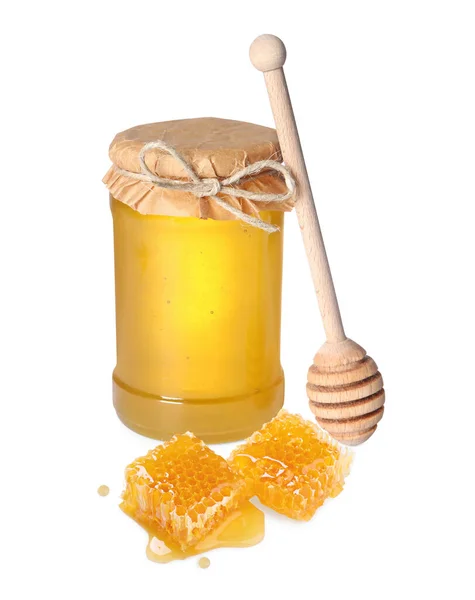 Φυσικό Μέλι Βάζο Ξύλινη Κουτάλα Και Κομμάτια Κηρήθρας Λευκό Φόντο — Φωτογραφία Αρχείου