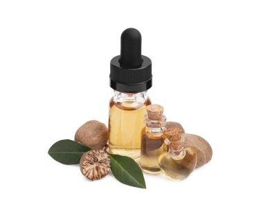 Nutmeg temel yağı, fındık ve yaprakları beyazın üzerinde izole edilmiş.