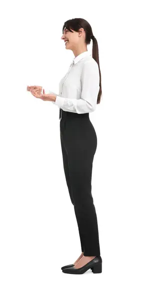 Femme Affaires Heureuse Chemise Pantalon Noir Sur Fond Blanc — Photo