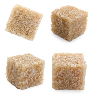 Kahverengi şeker küpleri beyaz üzerine izole, set