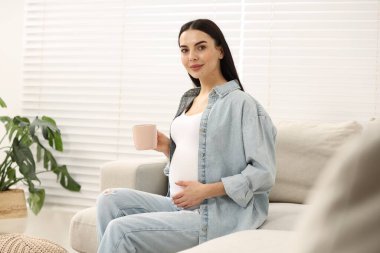 Evdeki kanepede bir bardak içkiyle hamile bir kadın.