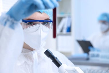 Laboratuvarda test tüpünde numuneyle çalışan bilim adamı.