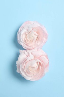 8 Mart tebrik kartı tasarımı açık mavi arka planda güzel çiçekler, üst manzara