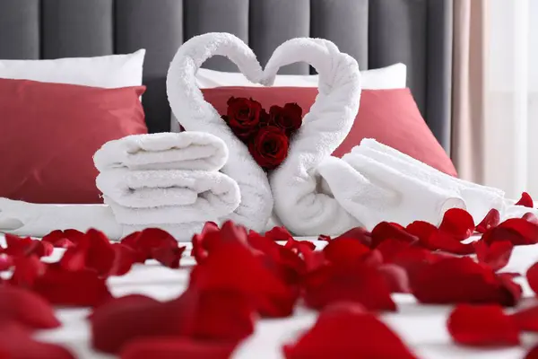 Huwelijksreis Zwanen Gemaakt Met Handdoeken Mooie Rozenblaadjes Bed Kamer — Stockfoto