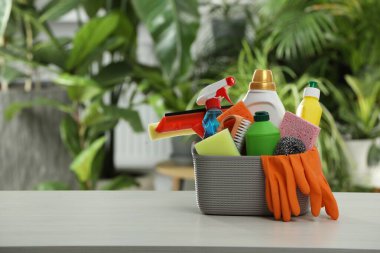 Açık gri masadaki sepetteki farklı temizlik ürünleri kapalı alanda, metin için yer