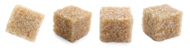 Kahverengi şeker küpleri beyaz üzerine izole, set