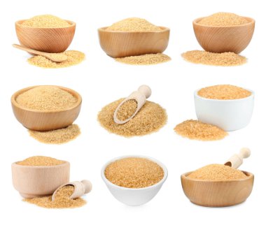 Granüle kahverengi şeker beyaz üzerine izole, set