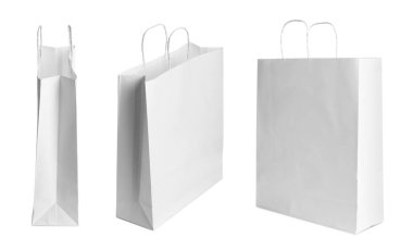 Beyaz saplı kağıt torbalar, set.