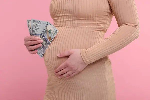Surrogate Mother Pregnant Woman Dollar Banknotes Pink Background Closeup — Stock Photo, Image