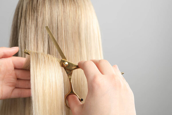 Hairdresser cutting client's hair with scissors on light grey background, closeup. Space for text
