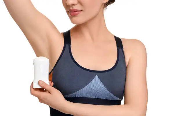 Kobieta Stosująca Dezodorant Białym Tle Zbliżenie — Zdjęcie stockowe