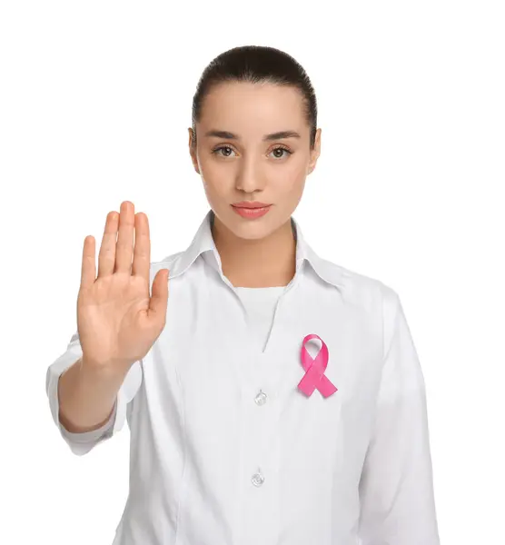 Mamolog Růžovou Stuhou Ukazující Stop Gesto Bílém Pozadí Informovanost Karcinomu — Stock fotografie