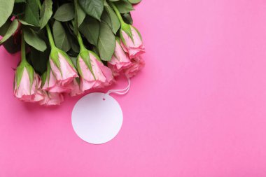Anneler Günün kutlu olsun. Pembe arka planda etiketli güzel güller, üst manzara. Metin için boşluk