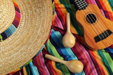 Meksika şapkası, marakas ve ukulele renkli panço, üst manzara.