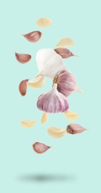 Açık mavi arkaplana düşen taze sarımsak