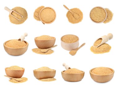 Granüle kahverengi şeker beyaz üzerine izole, set