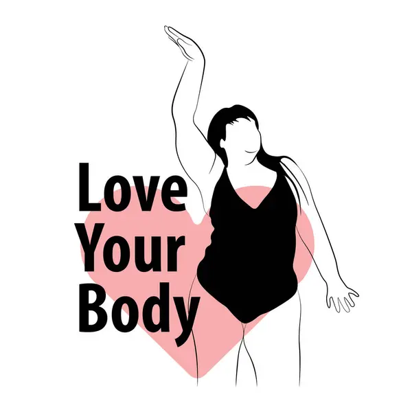 Stop body shaming, love yourself. Figure of plus-size model in bodysuit, heart and phrase Love Your Body on white background