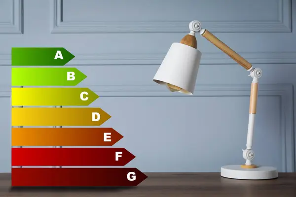 Energy efficiency rating label and lamp on wooden table near grey wall indoors