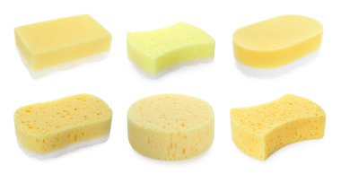 Beyaz üzerine izole edilmiş farklı sarı süngerler.