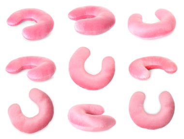 Yumuşak pembe seyahat yastığı beyaz, farklı kenarlar kolajı.