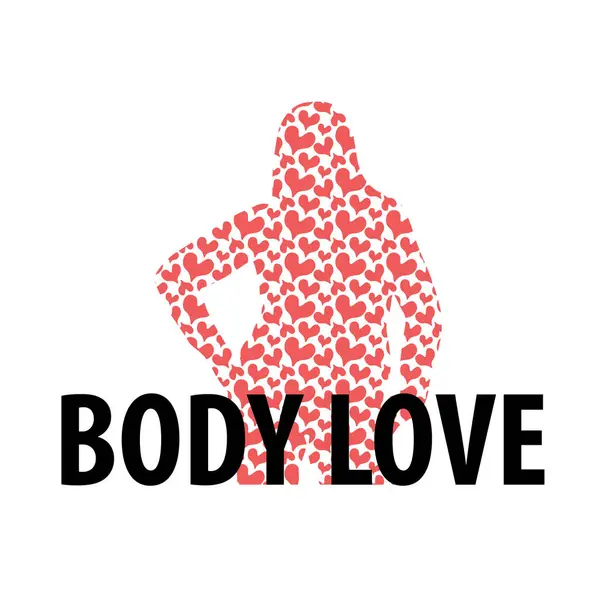 Stop body shaming! Words Body Love and silhouette of woman made of hearts on white background