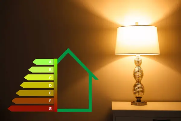 Energy efficiency rating label and lamp on bedside table indoors