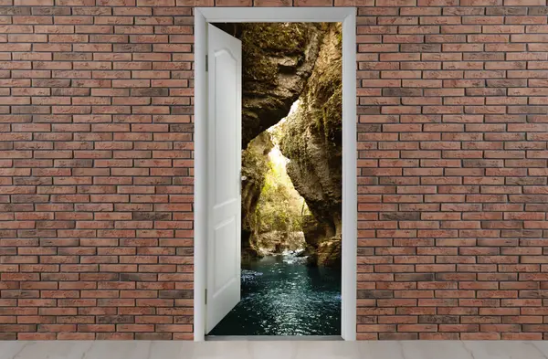 Beautiful clean river and cliffs visible through open door