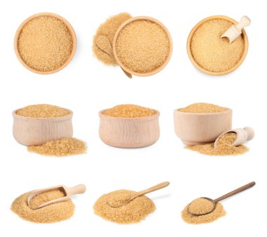 Granüle kahverengi şeker beyaz üzerine izole, set