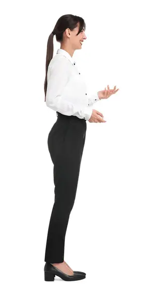 Šťastná Podnikatelka Košili Černé Kalhoty Bílém Pozadí — Stock fotografie