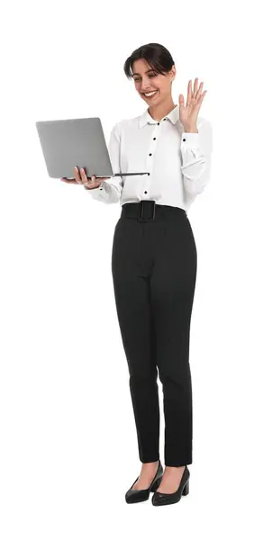 Happy Businesswoman Pozdrav Někoho Během Video Volání Bílém Pozadí — Stock fotografie