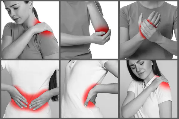 Kobiety Cierpiące Reumatyzm Efekt Czarno Biały Czerwonym Akcentem Kolaż Zdjęć Zdjęcia Stockowe bez tantiem