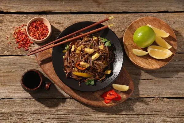 Stir Fry Tasty Noodles Vegetables Meat Served Wooden Table Flat — Stock Photo, Image
