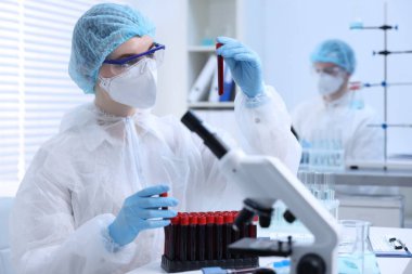 Laboratuvarda test tüplerinde numunelerle çalışan bilim adamları.