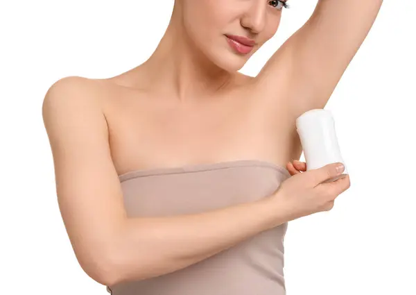 Piękna Kobieta Stosująca Dezodorant Białym Tle — Zdjęcie stockowe