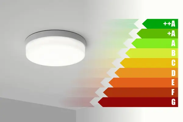 Energy efficiency rating label and lamp on ceiling indoors