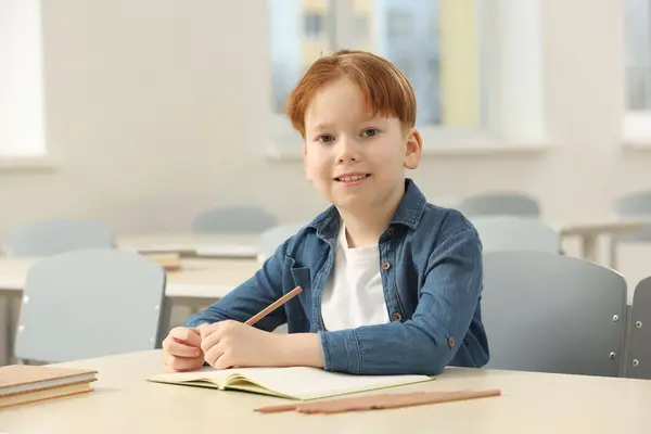Portret Uśmiechniętego Chłopca Uczącego Się Klasie Szkole — Zdjęcie stockowe