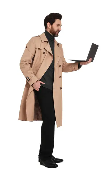 Knappe Man Met Laptop Witte Achtergrond — Stockfoto