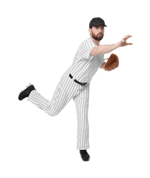 Baseball player with leather glove on white background