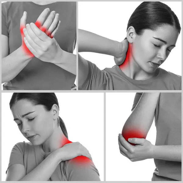 Kobieta Cierpiąca Reumatyzm Efekt Czarno Biały Czerwonym Akcentem Kolaż Zdjęć Zdjęcia Stockowe bez tantiem