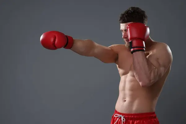 Muž Boxerských Rukavicích Bojuje Šedém Pozadí — Stock fotografie