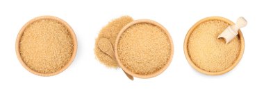 Kahverengi şeker kaselerde izole edilmiş beyaz, üst manzara