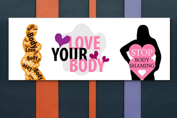 Accept your body and love yourself. Poster with body positive pictures on color wall
