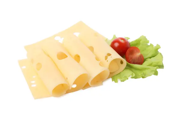 Plátky Chutného Čerstvého Sýra Rajčat Salátu Izolované Bílém — Stock fotografie