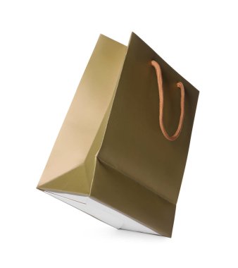 Beyaza izole edilmiş kahverengi bir alışveriş çantası.