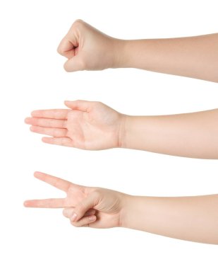 Beyaz arka planda taş, kağıt ve makas oynayan insanlar, yakın plan