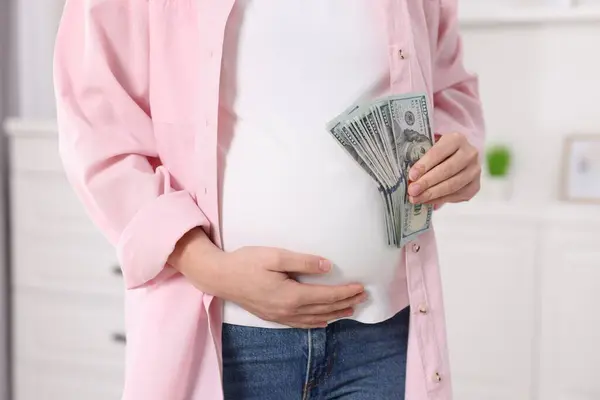 Surrogate Mother Pregnant Woman Dollar Banknotes Indoors Closeup — Stock Photo, Image