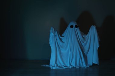 Ürkütücü hayalet. Renk ışığı ile kaplı kadın, metin için boşluk