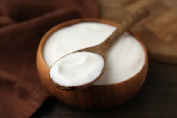 Delicious Natural Yogurt Bowl Spoon Wooden Table Closeup — Stock Photo, Image